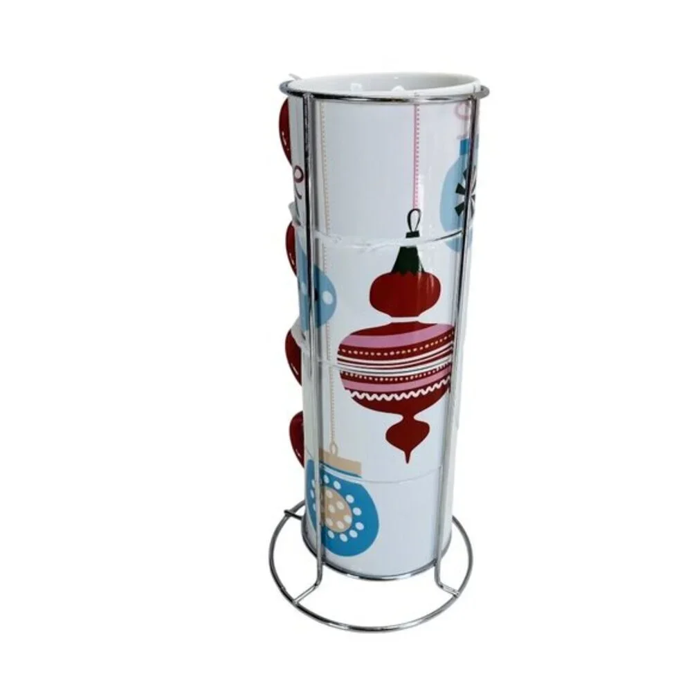Pier One Stacking Mug Set on Stand Christmas Ornaments Red Handles Stoneware